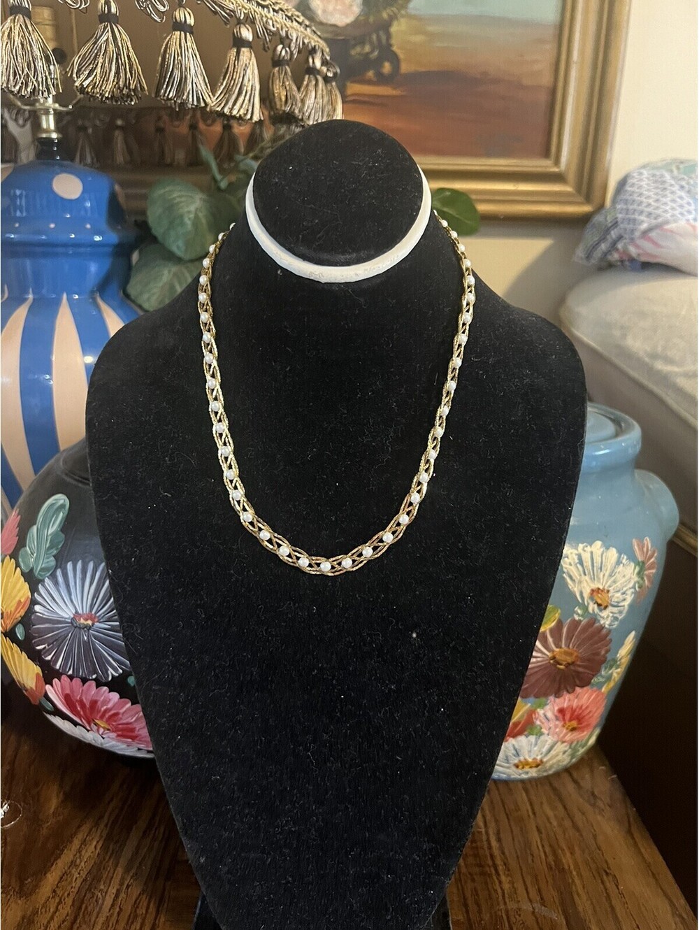 Vintage Avon Gold Tone Braided Chain 4Mm Faux Pearl Necklace